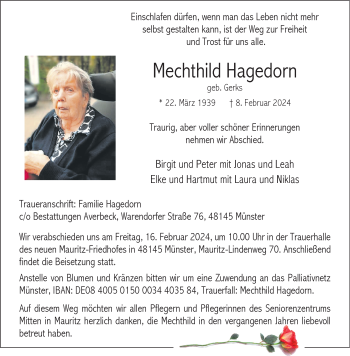 Anzeige von Mechthild Hagedorn 