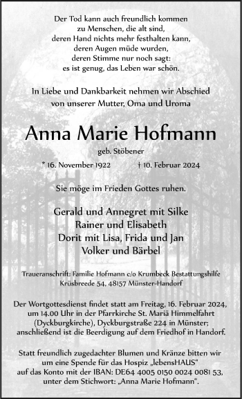 Anzeige von Anna Marie Hofmann 