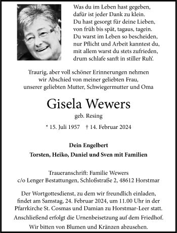 Anzeige von Gisela Wewers 