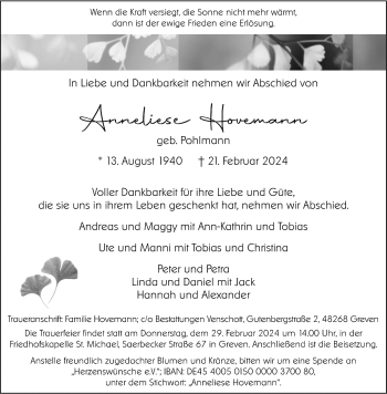 Anzeige von Anneliese Hovemann 