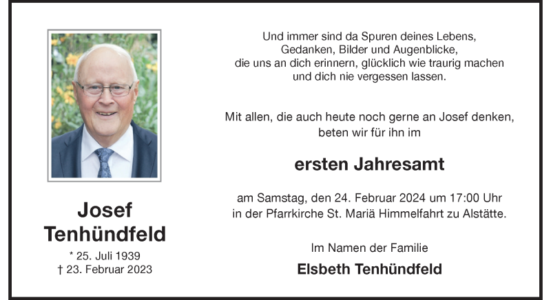  Traueranzeige für Josef Tenhündfeld vom 20.02.2024 aus 