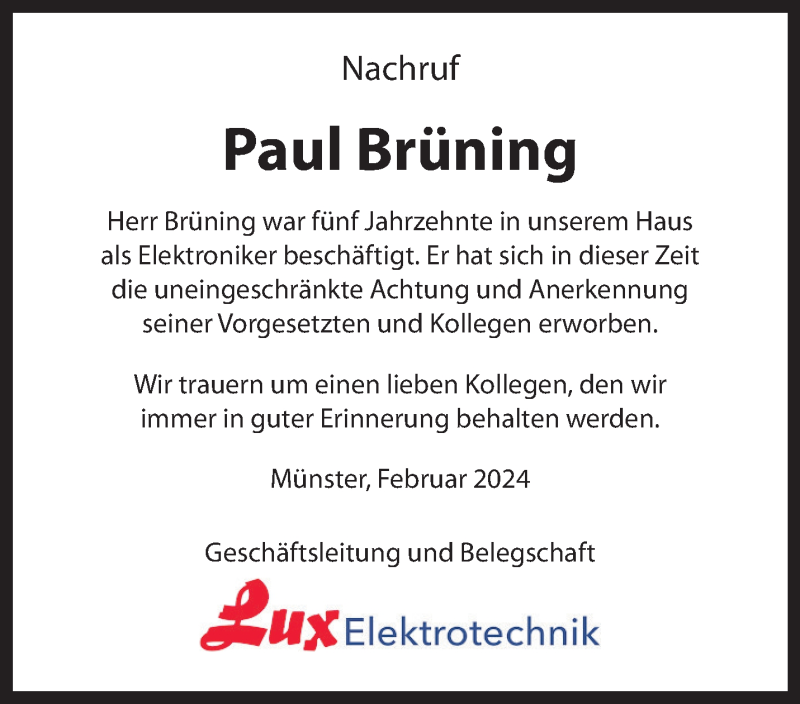  Traueranzeige für Paul Brüning vom 10.02.2024 aus 