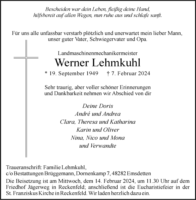  Traueranzeige für Werner Lehmkuhl vom 13.02.2024 aus 
