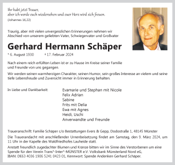 Anzeige von Gerhard Hermann Schäper 