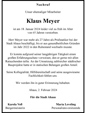 Anzeige von Klaus Meyer 