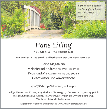 Anzeige von Hans Ehling 