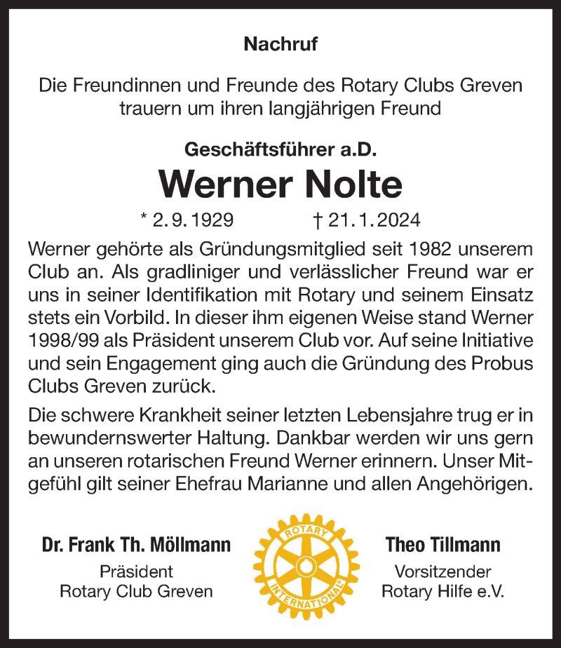  Traueranzeige für Werner Nolte vom 07.02.2024 aus 