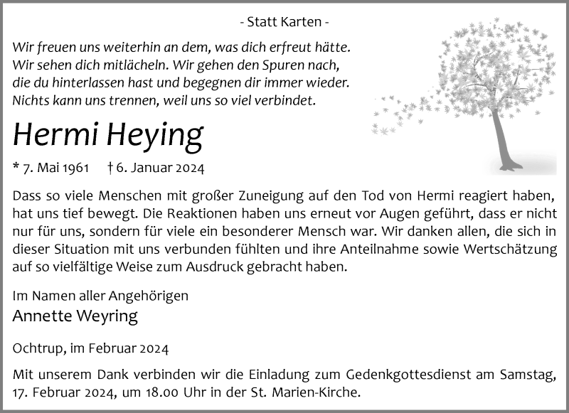  Traueranzeige für Hermi Heying vom 14.02.2024 aus 