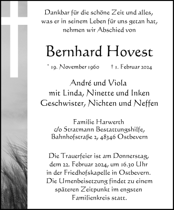 Anzeige von Bernhard Hovest 