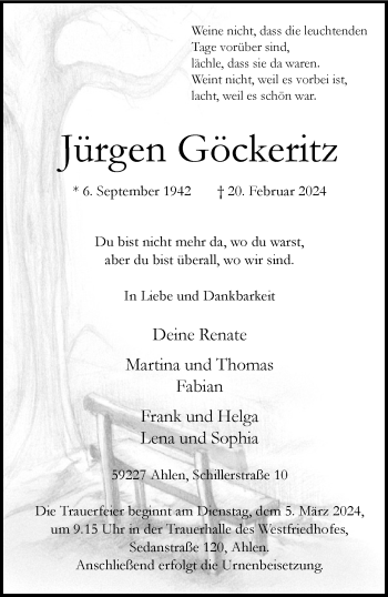Anzeige von Jürgen Göckeritz 