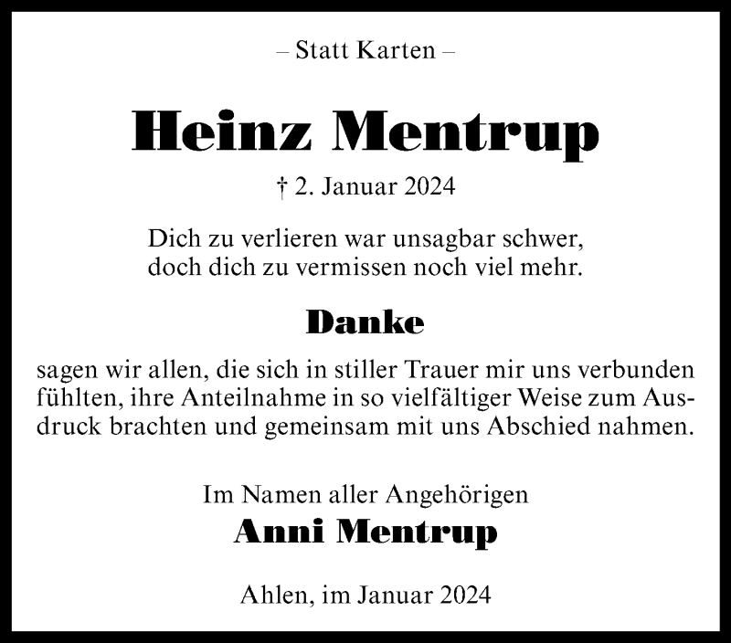  Traueranzeige für Heinz Mentrup vom 05.02.2024 aus 
