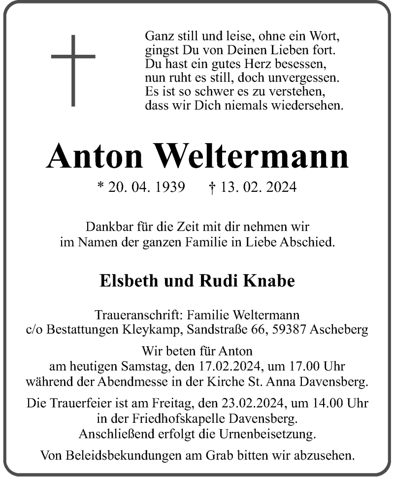  Traueranzeige für Anton Weltermann vom 17.02.2024 aus 