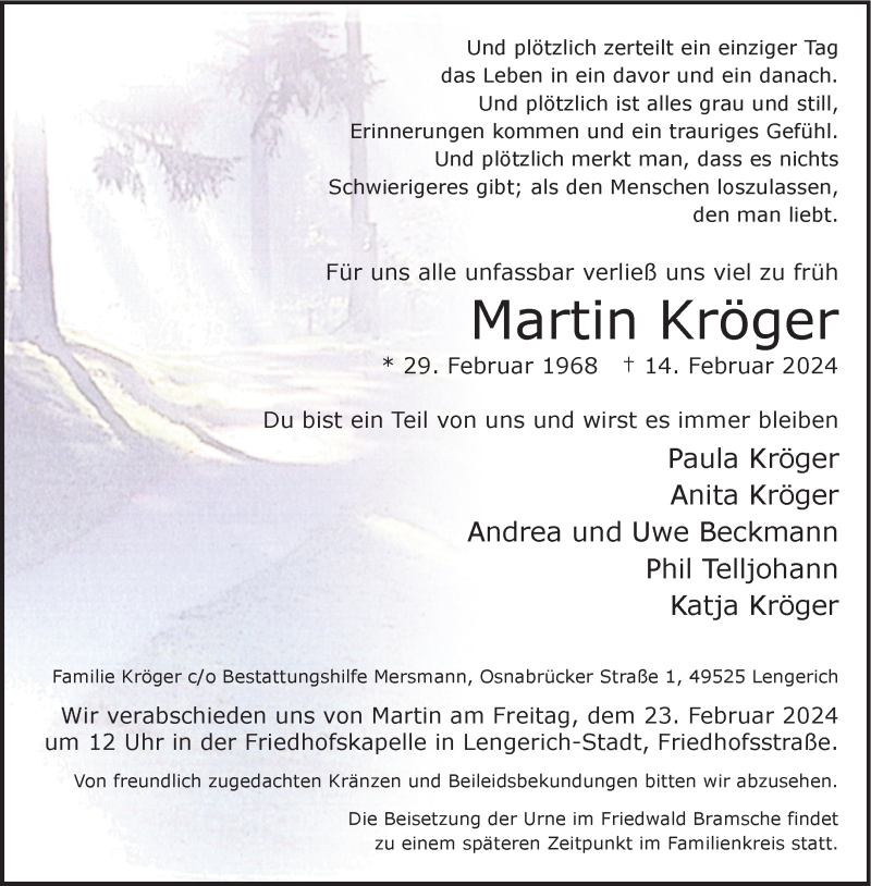  Traueranzeige für Martin Kröger vom 21.02.2024 aus 