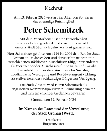 Anzeige von Peter Schemitzek 