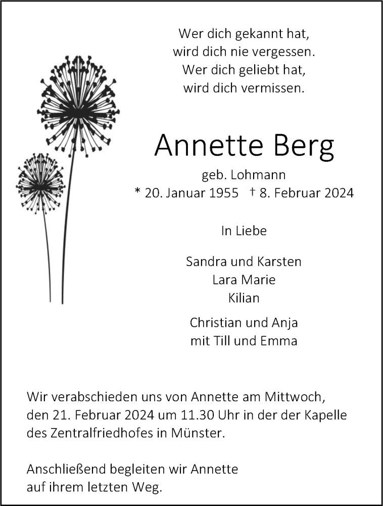 Traueranzeige für Annette Berg vom 17.02.2024 aus 