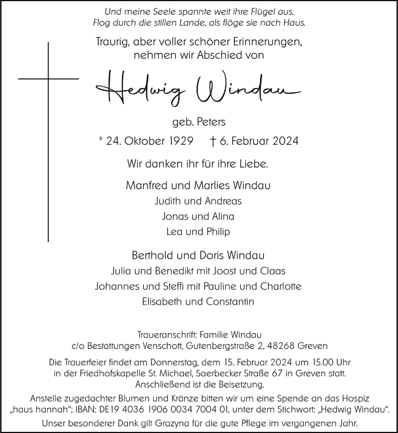  Traueranzeige für Hedwig Windau vom 10.02.2024 aus 