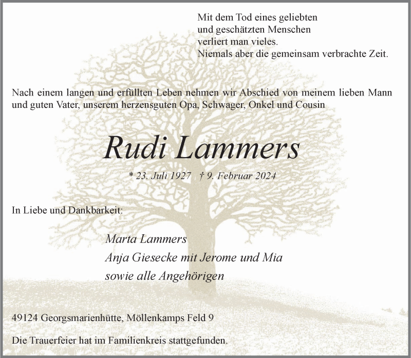  Traueranzeige für Rudi Lammers vom 28.02.2024 aus 
