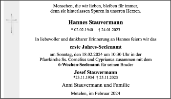 Anzeige von Hannes Stauvermann 