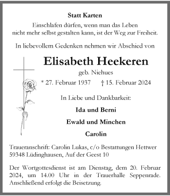 Anzeige von Elisabeth Heekeren 