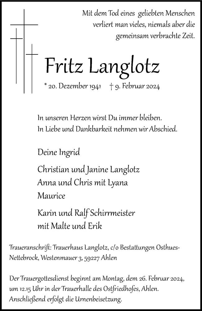  Traueranzeige für Fritz Langlotz vom 17.02.2024 aus 