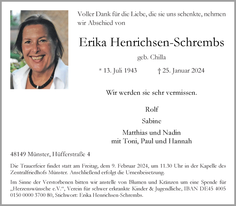  Traueranzeige für Erika Henrichsen-Schrembs vom 03.02.2024 aus 