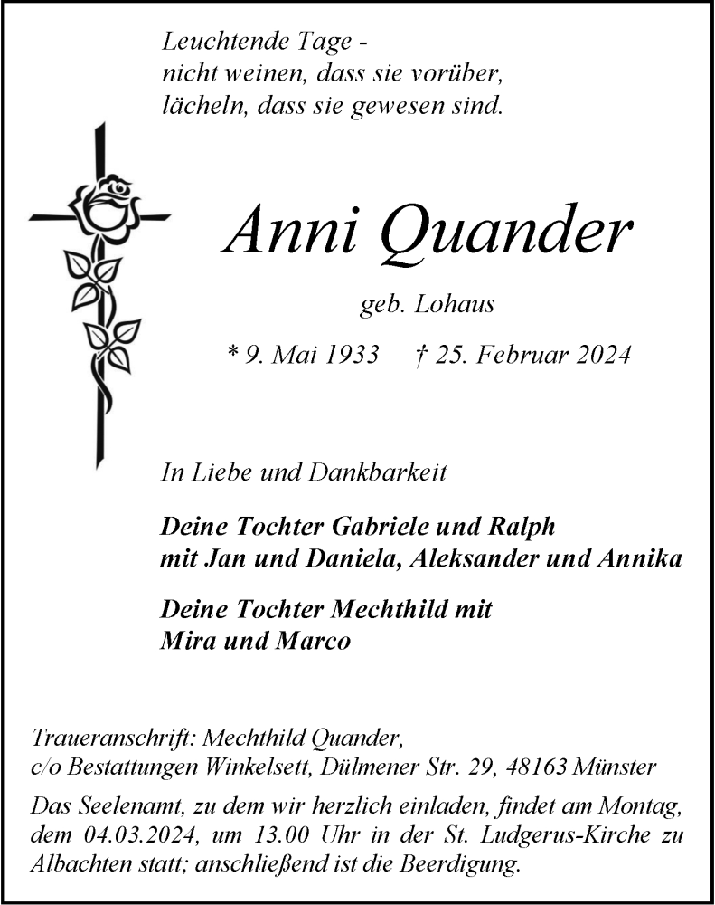  Traueranzeige für Anni Quander vom 28.02.2024 aus 