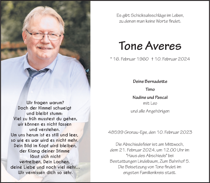  Traueranzeige für Tone Averes vom 17.02.2024 aus 