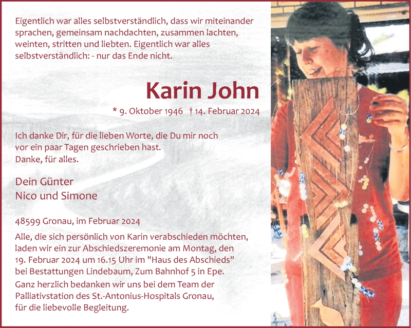  Traueranzeige für Karin John vom 17.02.2024 aus 