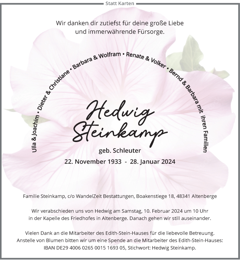  Traueranzeige für Hedwig Steinkamp vom 03.02.2024 aus 