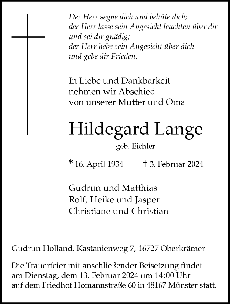  Traueranzeige für Hildegard Lange vom 07.02.2024 aus 