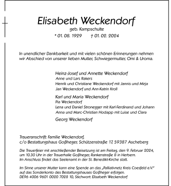 Anzeige von Elisabeth Weckendorf 