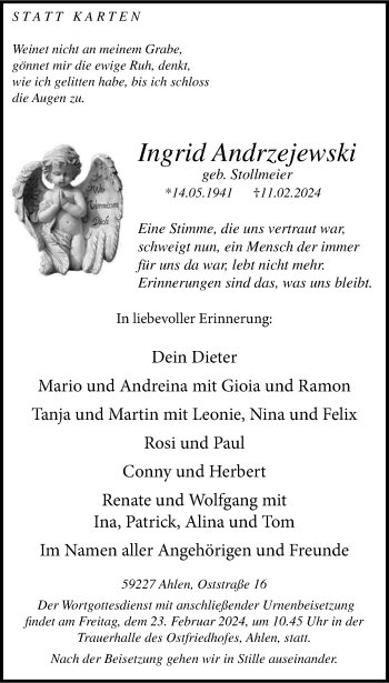 Anzeige von Ingrid Andrzejewski 