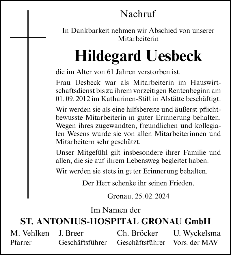 Traueranzeige für Hildegard Uesbeck vom 28.02.2024 aus 