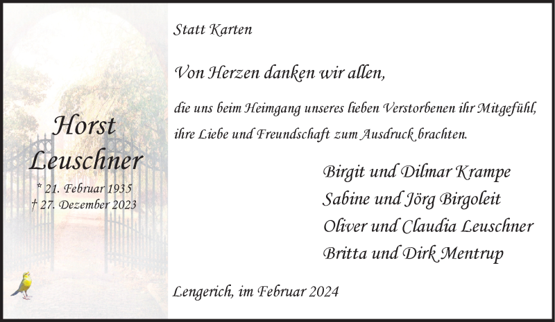  Traueranzeige für Horst Leuschner vom 03.02.2024 aus 