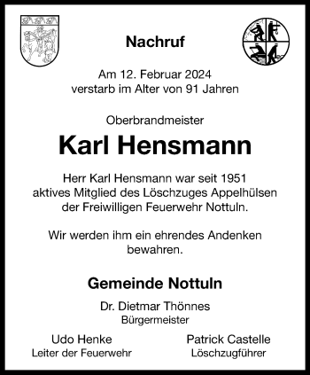 Anzeige von Karl Hensmann 