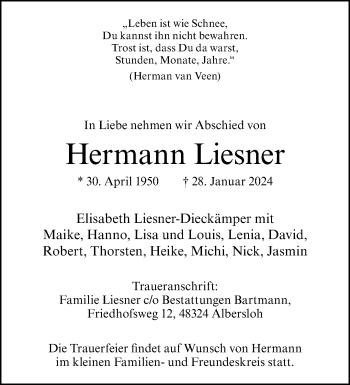 Anzeige von Hermann Liesner 