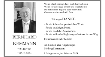 Anzeige von Bernhard Kemmann 
