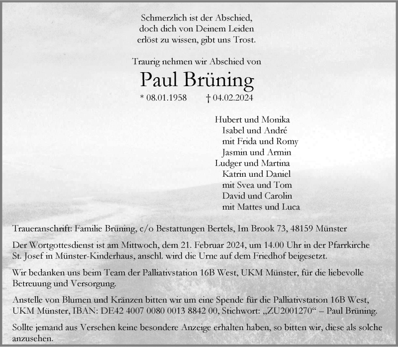  Traueranzeige für Paul Brüning vom 10.02.2024 aus 