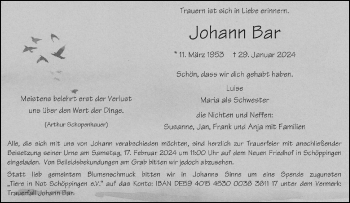 Anzeige von Johann Bar 