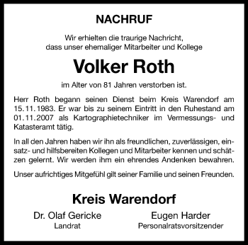 Anzeige von Volker Roth 