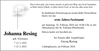 Anzeige von Johanna Resing 