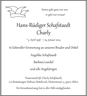 Anzeige von Hans-Rüdiger Schafstaedt 
