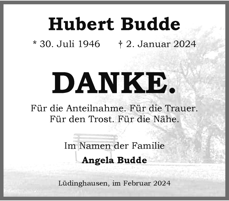  Traueranzeige für Hubert Budde vom 17.02.2024 aus 