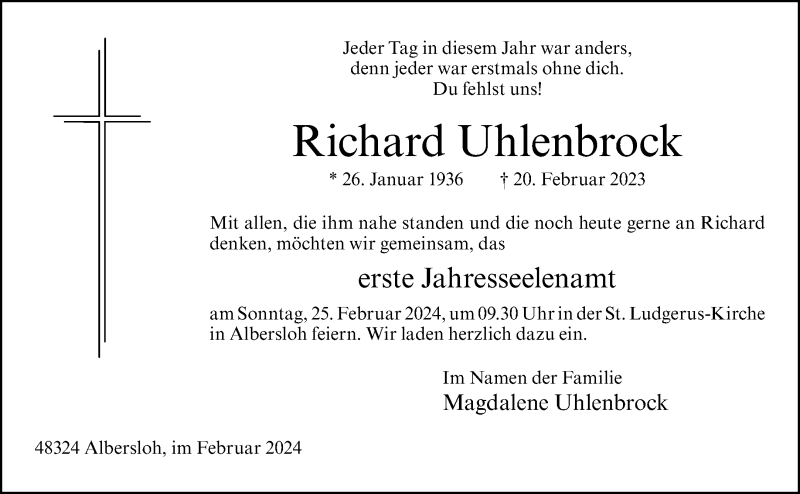  Traueranzeige für Richard Uhlenbrock vom 17.02.2024 aus 