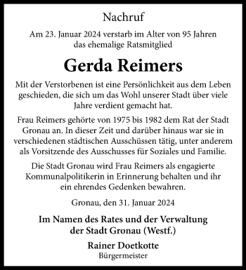 Anzeige von Gerda Reimers 