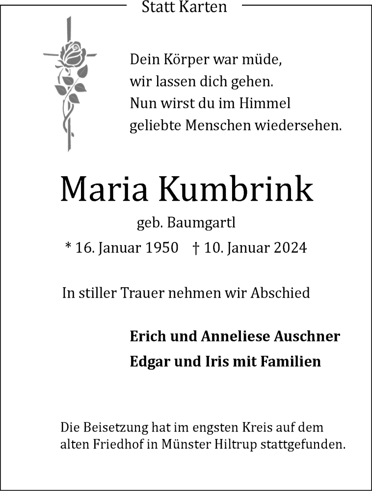  Traueranzeige für Maria Kumbrink vom 17.02.2024 aus 