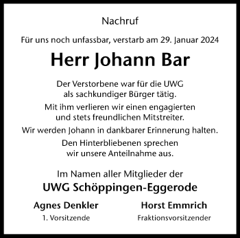 Anzeige von Johann Bar 