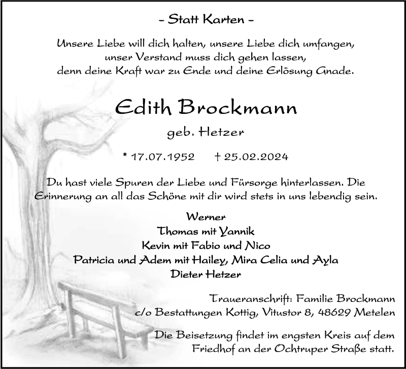  Traueranzeige für Edith Brockmann vom 29.02.2024 aus 