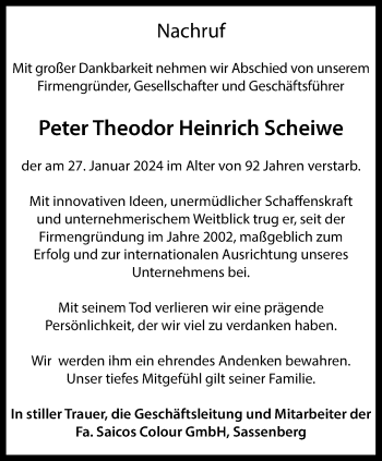 Anzeige von Peter Theodor Heinrich Scheiwe 