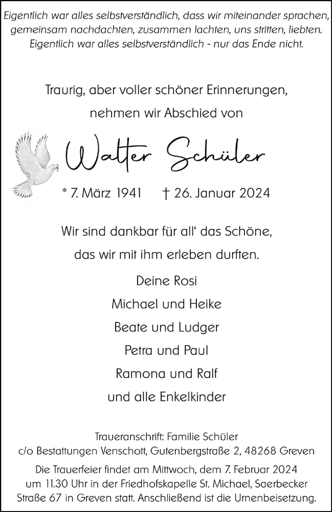  Traueranzeige für Walter Schüler vom 03.02.2024 aus 